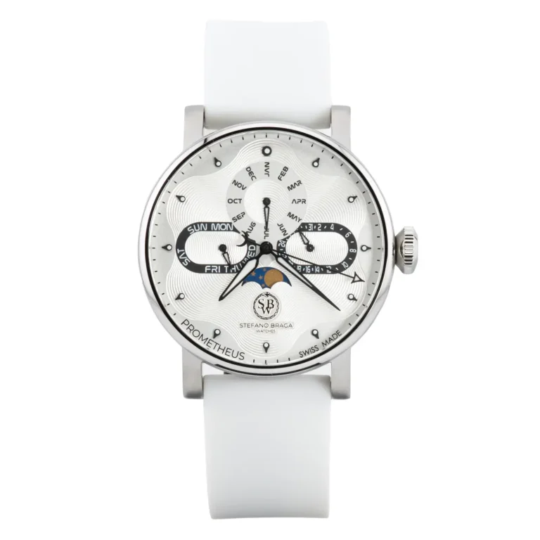 Silver watch with white rubber strap, featuring a textured dial, day and date functions, and a moon phase indicator.